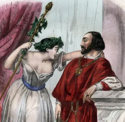 Lucrece Borgia (1480-1519) z bratem Cesarem Borgią. (Lukrecja i Cesare Borgia). Rycina z 1842 roku w „Histoire des Popes: zbrodnie, morderstwa, zatrucia, ojcobójstwa, cudzołóstwa, kazirodztwo... Maurice Lachatre. Prywatna kolekcja.