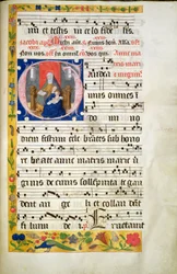 MS.McC.57. f.48r Św. Anna na tronie, czytająca, Dziewica z Dzieciątkiem siedzącym przed nią, inicjał z antyfony, koniec XV w.
