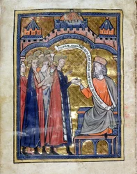 SM. Marlay. Add.1.f2b De Re Militari, Wegetius przyjmujący młodego księcia Edwarda (1239-1307) i jego towarzyszy, ok. 1270 (welin)