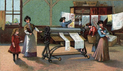 Maszyna do prasowania. (prasowanie). Chromolitografia z końca XIX wieku.
