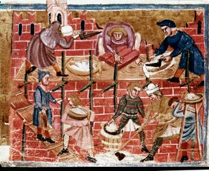 Murarze i budowniczowie domów. Miniatura z “Czynów Rzymian”, XIII wiek. Wenecja, Biblioteca Marciana