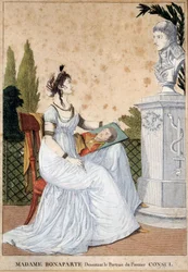 Madame Bonaparte rysuje portret Pierwszej Konsul Josephine de Beauharnais (1763-1814) przed popiersiem swojego męża Napoleona Bonaparte (1769-1821). Anonimowy nadruk. 1799-1804. Słońce 0,24x0,17 m Malmaison, musee du chateau