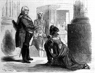 Madame hrabina Labedoyere na kolanach Ludwika XVIII króla Francji.