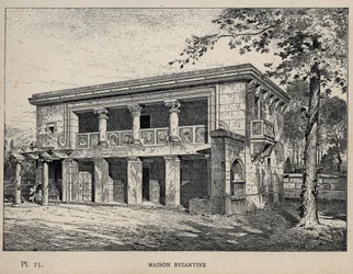 Maison Byzantine (Dom Bizantyjski) (rycina z 1889 r. w „Historia zamieszkiwania ludzi na Wystawie Powszechnej z 1889 r., autorstwa Charlesa GARNIERA - Librairie centrale des beaux-arts Paris 1889