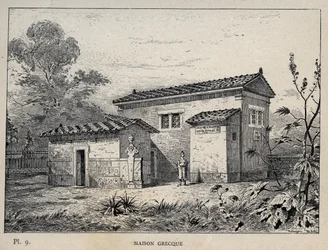 Maison Grecque (dom grecki) - rycina z 1889 r. w „Historia zamieszkiwania ludzi na Wystawie Powszechnej z 1889 r., autorstwa Charlesa GARNIERA - Librairie centrale des beaux-arts Paris 1889