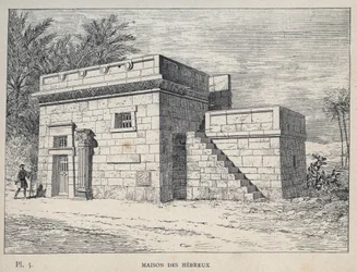 Maison des Hébreux - (hebrajski dom) grawerunek z 1889 r. w „Historia zamieszkiwania ludzi na Wystawie Powszechnej z 1889 r., autorstwa Charlesa GARNIERA - Librairie centrale des beaux-arts Paris 1889