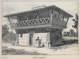 Maison etrusque (dom etruski) - rycina z 1889 r. w „Historia zamieszkiwania ludzi na Wystawie Powszechnej z 1889 r., autorstwa Charlesa GARNIERA - Librairie centrale des beaux-arts Paris 1889
