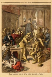 Charakteryzacja aktorów żywego obrazu „Mężczyźni w złocie”” na jarmark piernikowy. Grawer w „”Le petit journal”” 16.04.1894. Kolekcja Selvy.