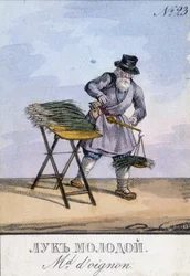 Mężczyzna ważenia cebuli w wadze wiszącej na pasku. Ilustracja XIX wieku. Rycina XIX wieku
