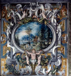 Płaszcz komina w hołdzie Julesowi Cesarowi w pokoju rzymskiego obrazu Anonimowych bohaterów. Około 1547 r. Posłuchaj, Narodowe Muzeum Renesansu