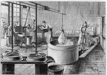Produkcja gruyere: nowoczesna fabryka serów. Grawerowanie w „”Nature: przegląd nauk i ich zastosowań w sztuce i przemyśle”” z dnia 19 września 1891 r.