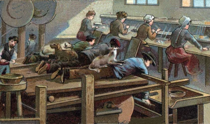 Produkcja noży, warsztat formierski. Chromolitografia z końca XIX wieku
