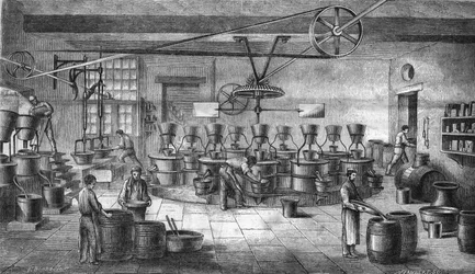 Produkcja musztardy i konserw w Louit freres w bordeaux. Grawerowanie z 1865 roku.