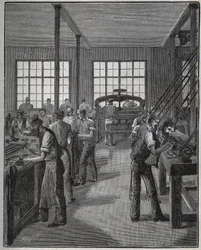 Produkcja obsadki do długopisu (pojemnik na długopis) i obsadka do ołówka (pojemnik na ołówki). Grawer z 1885 roku w „Les arts et metiers illustres” Adolphe BITARD.