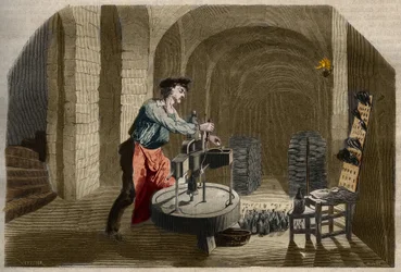 Produkcja szampana musującego: rozlewarka używana w piwnicy. Grawerunek z 1858 roku w „Le Musee Des Sciences””
