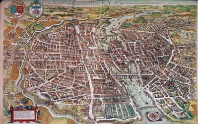 Mapa i mapa Paryża z widokiem na wyspy i przedmieścia. XVII wiek. Paryż, B.N.