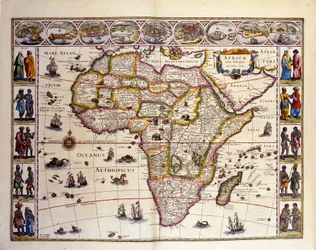 Mapa Afryki z Atlasu Williama Blaeu. Na szczycie znajdują się miasta Tanger, Ceuta, Algier, Tunis, Aleksandria, Alcair, Mozambik, Saint Georges de la Mina, Wyspy Kanaryjskie. Różne wyspy są również reprezentowane poza Afryką, Wyspy Maskareignes, Mada