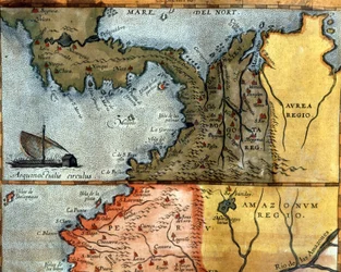 Mapa Ameryki Środkowej w XVI wieku: powyżej przedstawia regiony Peru, Amazonii i Bogoty (Panama, Kolumbia i Wenezuela).