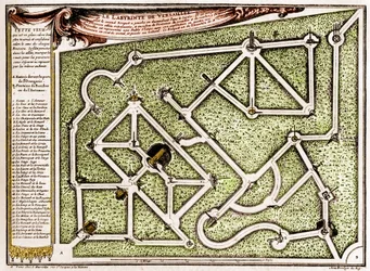 Mapa labiryntu w parku zamku w Wersalu, stworzona przez Andre Le Notre (1613-1700). Grawer w „” La Nature. Revue des sciences et de ses applications aux arts et a l