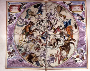 Mapa nieba i znaków zodiaku - faksymile starożytnej kompozycji przedstawiającej konstelacje nieba północnego według „Harmonia Macrocosmica” André Cellarius