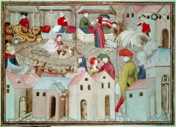 Marche de Champeaux w Paryżu Sprzedawcy betaili i drobiu, draperie. Miniatura zaczerpnięta z „Wędrującego rycerza” Thomasa de Saluces (Tommaso III di Saluzzo), około 1403-1404. Paryż, B.N.