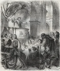 Marie de Rabutin-Chantal (Rabutin Chantal), markiza Sevigne znana jako Madame de Sevigne (1626-1696), posłuchaj francuskiego Louisa Bourdaloue (1632-1704) w kościele jezuitów, Saint-Louis w Paryżu - rycina z 1866 r.