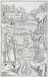 Zwierzęta i potwory morskie - strona tytułowa rozdziału ""De Piscibus""""Hortus Sanitatis"", wydanie Moguncji roku