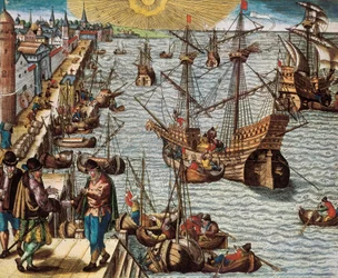 Handel morski i handel z hiszpańskimi Indami (kolonia), w szczególności gospodarstwo trzciny cukrowej. Wyjazd z portu w Lizbonie do Indii Wschodnich, Ameryki i Brazylii