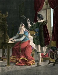 Maria Stuart i David Rizzio - Marie (Mary) Iere Stuart (1542-1587) z Davidem (Davidem) Rizzio - Grawerowanie XIX wieku
