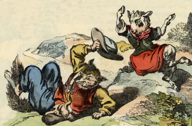 Mistrz lis bawi się z małą kozą. Ilustracja do bajki „Bon medor i mały Chevrette””. W „Opowieściach z domu dla najmłodszych””. Anonimowy rycina z XIX wieku.