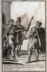 Maksymian Herkules (Marcus Aurelius Valerius Maximianus) (ok. 250-310), cesarz rzymski, ogarnia strach na widok Konstantyna (Konstantyn I, Flauius Valerius Aurelius Constantinus, 272-306), swego zięcia, którego myśli, że dźgnął go w łóżko i