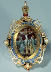 Medalion w e-mailu na okrągłym złotym guzku zdobi ukrzyżowanie i lot do Egiptu. Debiut XVI w. Niedz. h. 7 cm. Paryż. Muzeum w Luwrze
