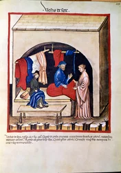 Handel lekami: „” handlarz odzieżą jedwabną”” Strona zaczerpnięta z „”Tacuinum sanitatis”” (Cod. ser. nov. 2644) Około 1400 Wiedeń, Austriacka Biblioteka Narodowa