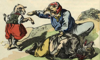 Medor ratuje Małego Szefa Kuchni przed wilkiem. Ilustracja do bajki „Bon medor i mały Chevrette””. W „Opowieściach z domu dla najmłodszych””. Anonimowy rycina z XIX wieku.