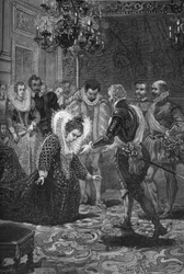 Spotkanie Maris de Medicis i Henryka IV (1601): Maria Medycejska (1573-1642) kłaniająca się swemu mężowi, królowi Francji Henrykowi IV (1553-1610). Rycina XIX wieku. W „Histoire de France” Julesa Micheleta