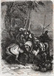 Spotkanie Marphise (Marfisa), Astolphe (Astolfo) i Sansonnet (Sansonetto) - rycina 1851 z „”Roland furieux” (Orlando furioso) (XVI w.) Ludovico Ariosto, zwanego Ariostą – wydanie przetłumaczone z języka włoskiego przez hrabiego Tressan i