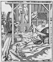 Dmuchawa pieca metalowego napędzana silnikiem hydraulicznym. Fac simile (Fac-simile) ryciny opublikowanej w „”Cosmographie”” (1555) Sebastiena Munstera. Grawerowanie w „”Nature: przegląd nauk i ich zastosowań w sztuce i przemyśle”” z 10