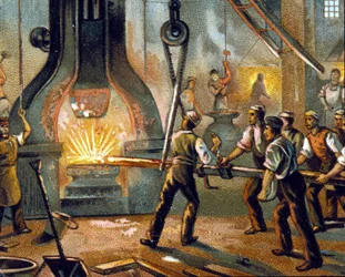 Metalurgia: młot perkusyjny (młot) - Produkcja żelaza. chromolitografia1890.