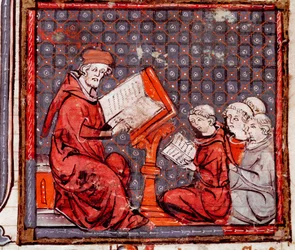 Średniowiecze: „”Klasa filozofii, nauczyciel i jego uczniowie”””Miniatura zaczerpnięta z „”Grandes Chronicles de France””1375-1379 Biblioteka Miejska, Castres