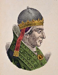 Średniowiecze: przedstawienie papieża Grzegorza XI (Gregorio lub Gregory) (1329-1378) Rycina z „”La storia dei papi del card. Hergenrother” 1898