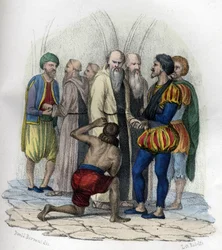 Miguel de Cervantes (1547-1616), hiszpański pisarz, wzięty do niewoli w Algierze w 1575 r. w „Antycznej i współczesnej Algierii” Leona Galiberta. Wydanie włoskie w kolorze 1846.