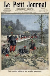 Rowerzyści wojskowi na wielkich manewrach. Grawerowanie w „Le petit journal”” 20.09.1896. Kolekcja Selvy.