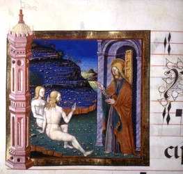 Miniatura przedstawiająca stworzenie Adama i Ewy przez Boga. Antyfonarz. XV wiek.Biblioteca autorstwa Lodi