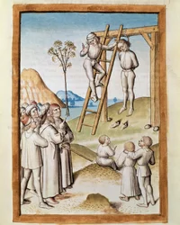 Miniaturowa scena wisząca zaczerpnięta z niemieckiego przekładu bajek „Kalila (Calila) i Dimna” Bidpaia. (ms. 1389, k. 117) ok. 1480 Chantilly, musee Conde