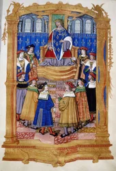 Miniatura z XV lub XVI wieku przedstawiająca Ludwika XI (1423-1483) i rycerzy zakonu św. Michała.