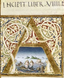 Miniatura przedstawiająca syreny. Litera „A” – w „Naturis Historiae” Pliniusza Starszego (23-79), wyd. 1480. Biblioteka Wiktorii i Alberta