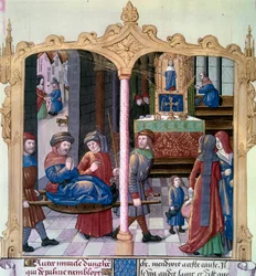 Cuda św. Ludwika: Król Ludwik IX (1214-1270) walczył z paralitykiem. Miniatura z rękopisu „Księga faktów Monsignor Saint Louis” XV wiek. Paryż, B.N