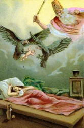 Cudowne narodziny Zaratustry (Zaratustra, Zaratusztra, Zaratustra lub Zoroastrian), irańskiego proroka i reformatora religijnego (VI wpne). chromolitografia z XIX wieku.