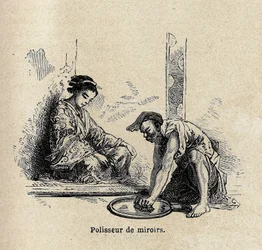 Polerka do luster. Rycina ilustrująca podróż do Japonii w latach 1863-1864, autorstwa Aime Humberta, ministra Konfederacji Szwajcarskiej, w „Le tour du monde, nouveau journal des voyages”, wydanej pod kierunkiem Edouarda Chartona