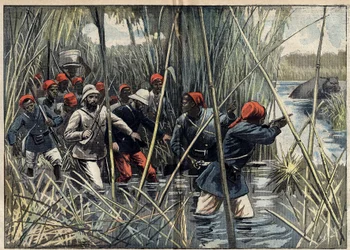 Misja Marchanda (1896-1899) do Faszody (Sudan): francuski kapitan Baratier (1864-1917) i jego oddziały posuwają się przez bagna w kierunku Faszody. (Według dziennika kapitana Baratiera). Ilustracja w „Le Pèlerin“ z 6 listopada